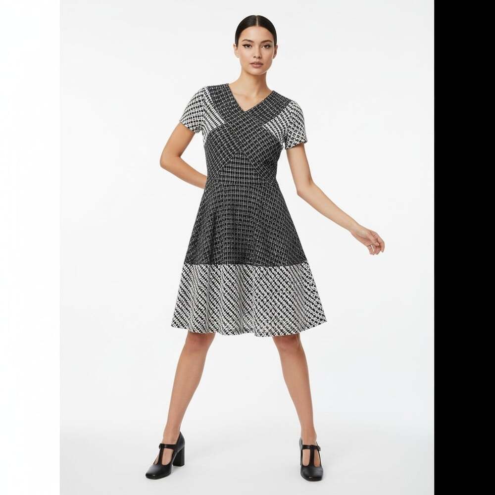BCBGMAXAZRIA Elyze Black White Open Weave Lace Fit Flare Mini Dress Women's XS